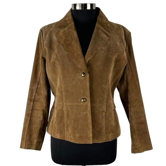 VINTAGE SUEDE LEATHER BROWN TWO BUTTON SCALLOP BLAZER JACKET COLDWATER CREEK - Picture 5 of 13